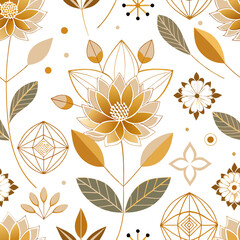 Design a seamless pattern with geometric floral illustrations in gold and white