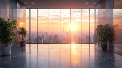 Fototapeta premium sunlit office lobby with cityscape views and modern architecture creating a bright and open corporate environment with natural light and glass walls in an urban setting