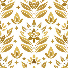 Design a seamless pattern with geometric floral illustrations in gold and white