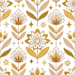 Design a seamless pattern with geometric floral illustrations in gold and white