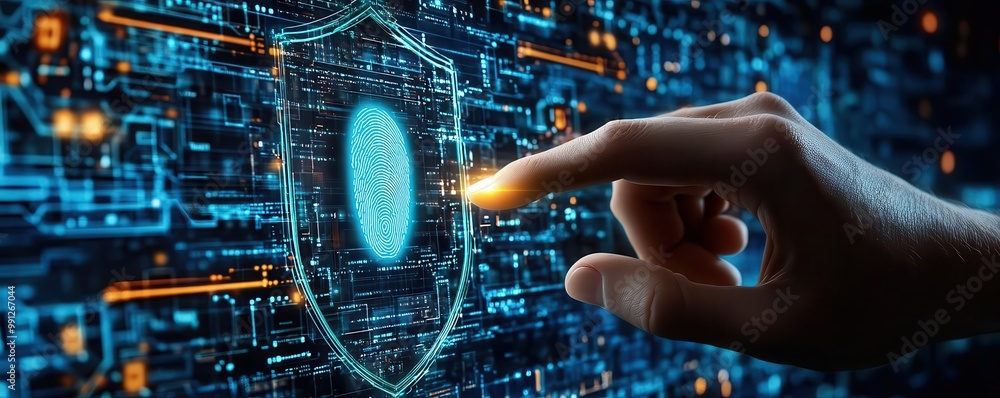 Poster cyber hand on advanced fingerprint scanner, glowing shield holograms, biometric id, data encryption 
