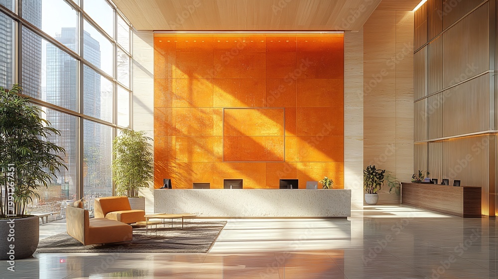 Poster sunlit office lobby with cityscape views and modern architecture creating a bright and open corporat