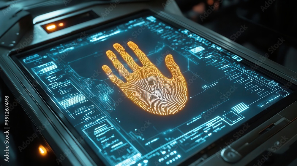 Poster glowing handprint on scanner, encrypted data transfer and digital shield, biometric recognition, cyb