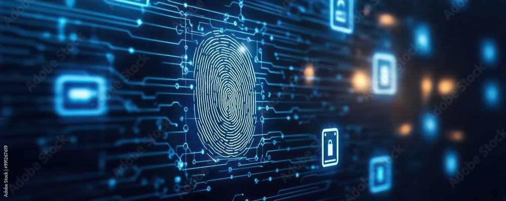 Poster high-tech wall scanner reading fingerprints with floating access icons, biometric access control, cy