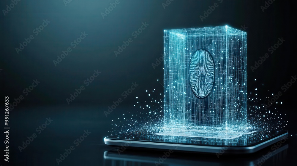 Poster high-tech fingerprint scanner pad with holographic cyber shield, biometric recognition, secure data 