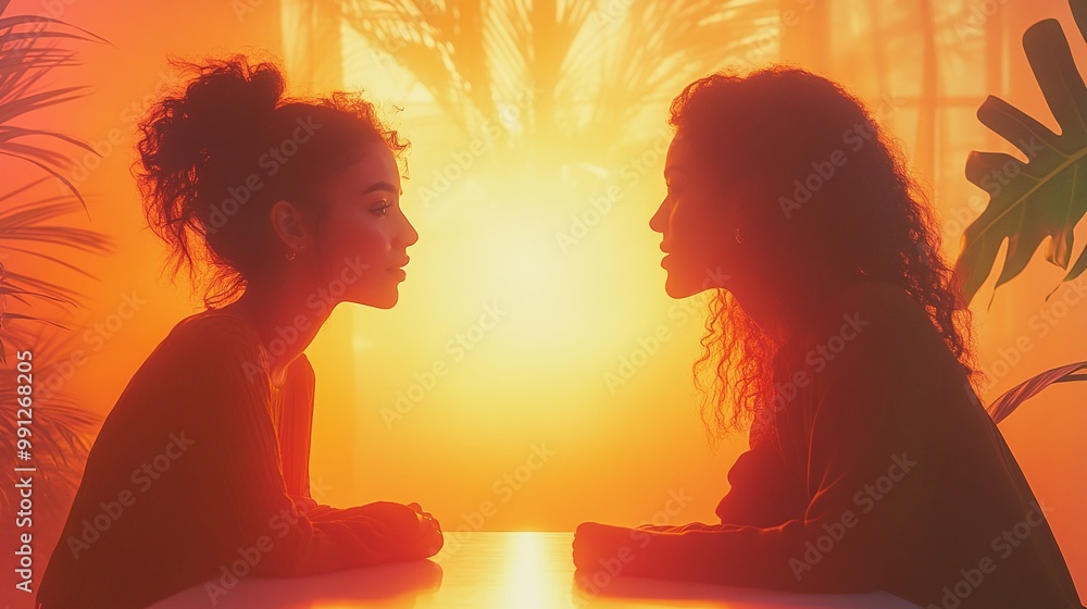 Poster women sitting at a table in a group conversation engaging in friendly dialogue and social interactio