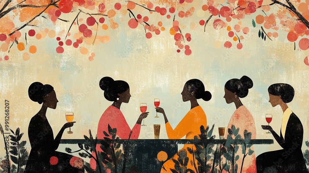 Poster women sitting at a table in a group conversation engaging in friendly dialogue and social interactio
