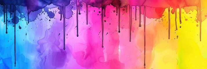 Vibrant watercolor drips, a cascade of colorful paint splashes on textured paper, creating a lively and dynamic artistic expression full of movement and energy.