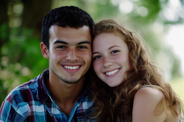 Fototapeta premium Spanish young man with german girlfriend outside, smiling at the camera