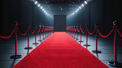 Glamorous Fashion Show Entrance, a vibrant red carpet flanked by elegant velvet ropes, illuminated by dazzling spotlights, embodying luxury and sophistication at a premier event