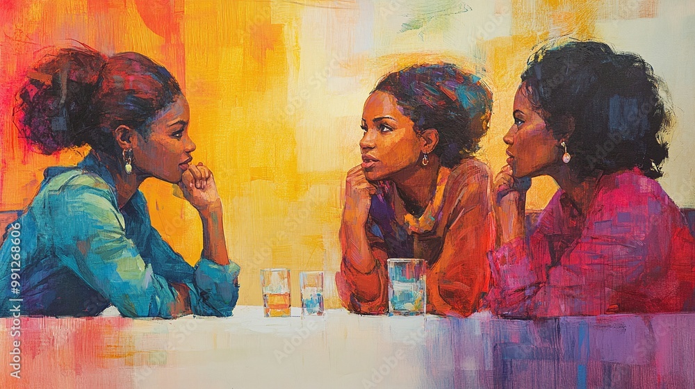 Poster women sitting at a table in a group conversation engaging in friendly dialogue and social interactio
