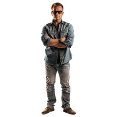 Naklejka premium Serious man wearing sunglasses is standing with his arms crossed, looking at the camera