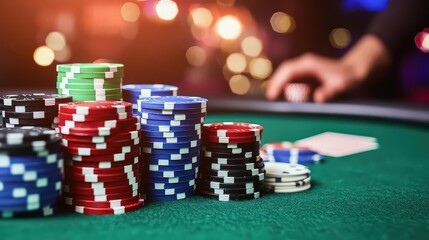 Naklejka premium A vibrant display of poker chips stacked neatly on a green felt table, perfect for casino-themed projects or gambling illustrations.