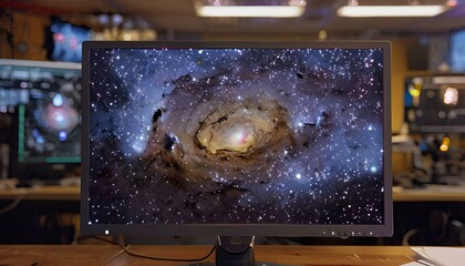 Cosmic Nebula Display on High-Tech Monitor in Modern Workspace