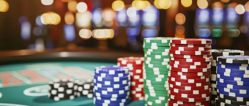 Close-up of colorful poker chips stacked on a casino table, highlighting high stakes gaming atmosphere and excitement.
