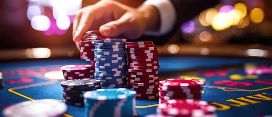 Close-up of a hand stacking colorful poker chips on a casino table, capturing the excitement of a thrilling gambling experience.