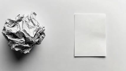 A crumpled piece of paper sits next to a blank sheet, perhaps representing the process of creative writing