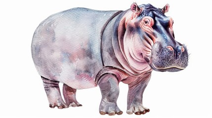 Obraz premium Adorable Hippopotamus Illustration, a charming watercolor clipart design featuring a curious hippo in soft pastel hues, ideal for children's invitations with ample space for text.