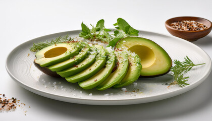 white ceramic plate with a perfectly sliced ripe avocado, garnished with sea salt and herbs
