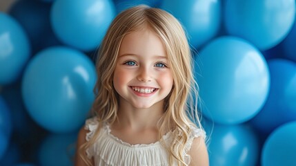 Naklejka premium girl smiles brightly for a birthday photo surrounded by blue balloons at a lively party capturing the joy and happiness of the special celebration with friends and family