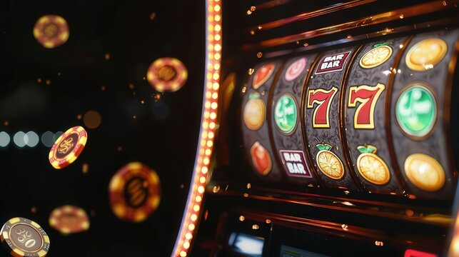 Colorful slot machine with vibrant reels and spinning coins. A captivating glimpse into the world of gambling and chance.