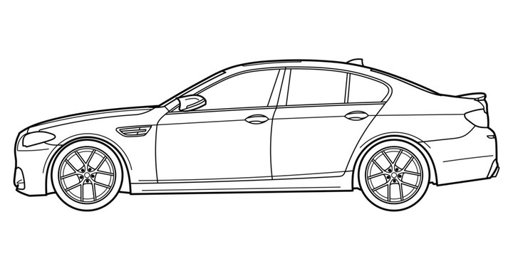 Ivano-Frankivsk, Ukraine - 1 July 2024: Outline drawing of a BMW F10 M Sport is the six generation of the BMW 5 Series executive cars from side view. Vector doodle illustration