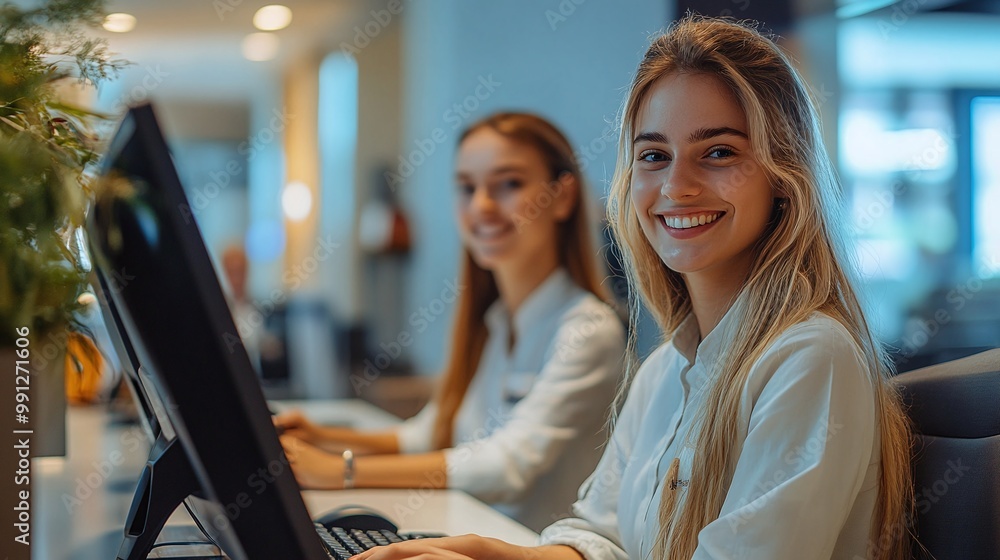 Aufkleber smiling hotel receptionists collaborating at the front desk while working on the computer with white