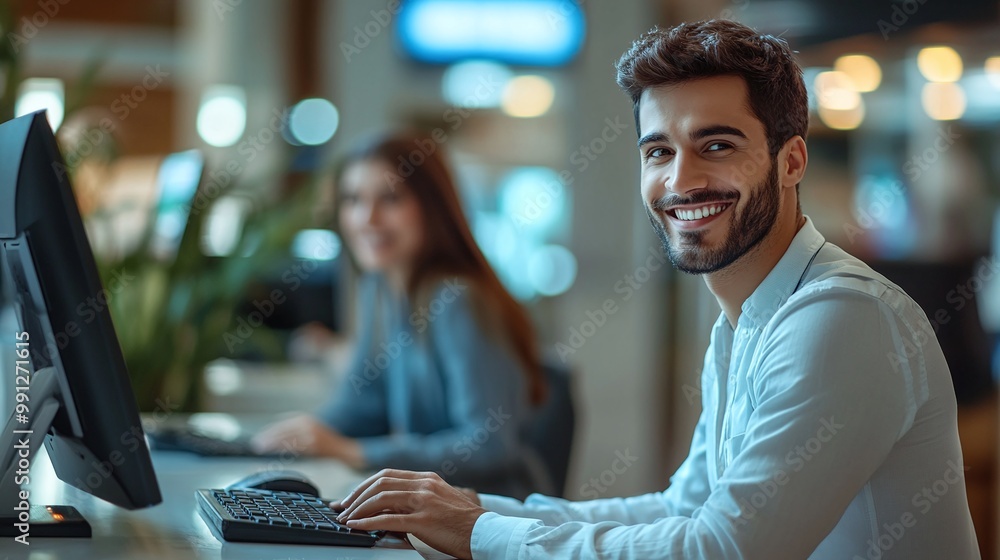 Poster smiling hotel receptionists collaborating at the front desk while working on the computer with white