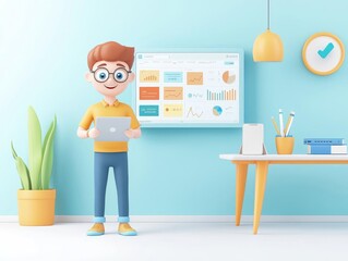 Digital marketer optimizing a retargeting campaign, ad performance dashboard, 3D illustration