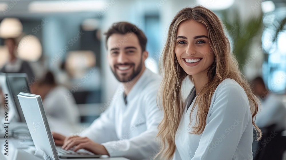 Poster smiling hotel receptionists collaborating at the front desk while working on the computer with white