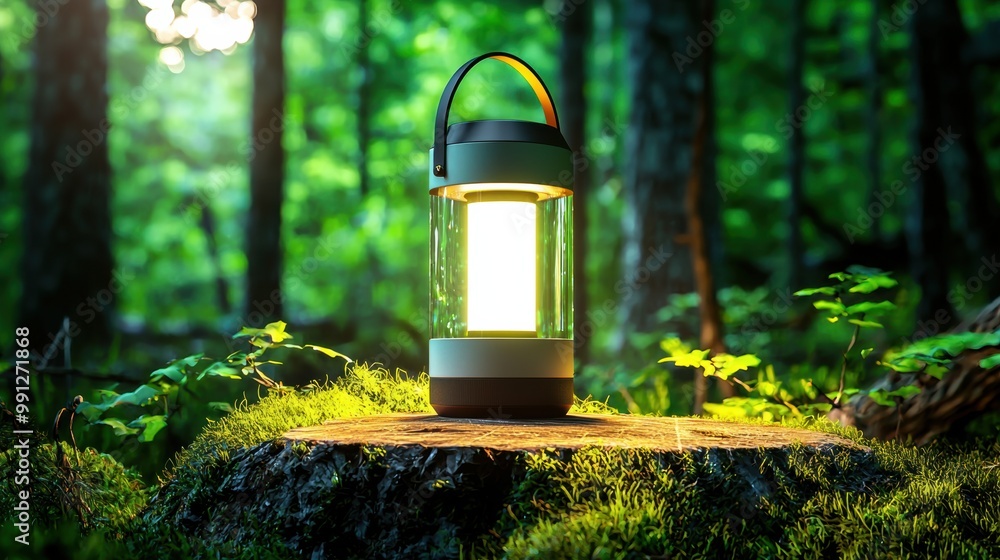 Poster glowing lantern on a tree stump in forest setting