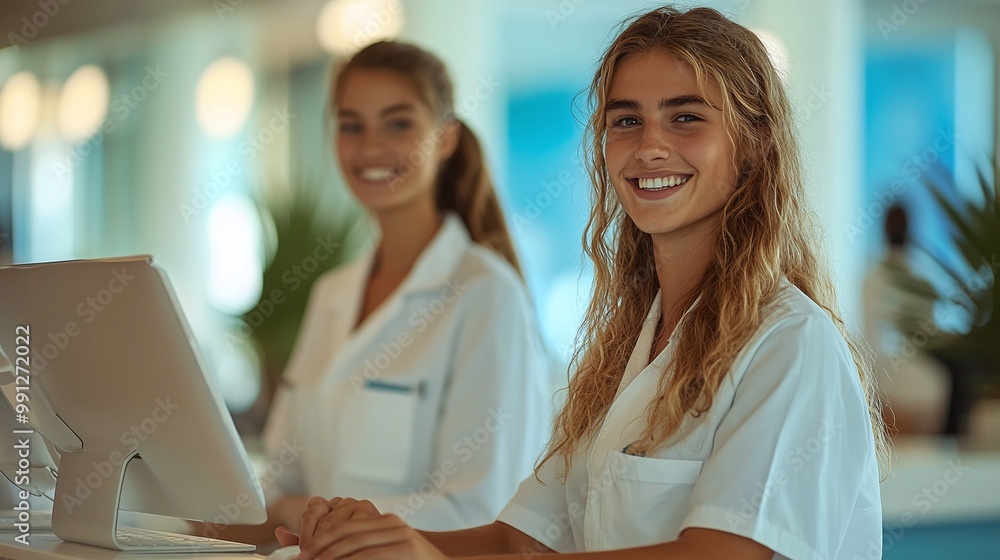 Poster smiling hotel receptionists collaborating at the front desk while working on the computer with white