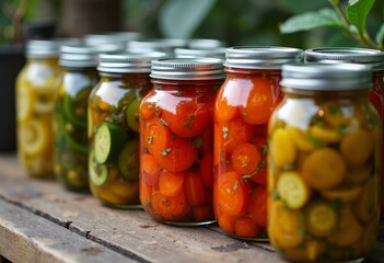 Several Jars of Pickled Vegetables on a Wooden Table
