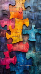 A colorful jigsaw puzzle with a wooden texture.