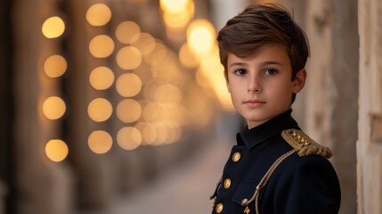 A young boy in military uniform stands in front of a building