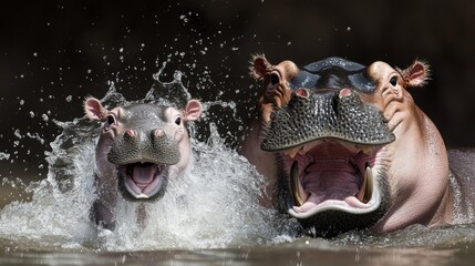 Baby hippo splashing in water next to its mother, baby animal, wild safari scene with playful vibes, no blur, photo not dark, everything is clear, copy space