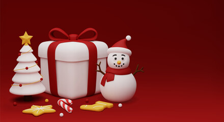 Christmas banner with a white gift box and snowman
