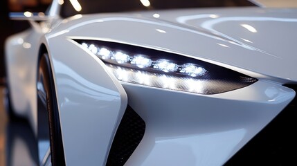 Fototapeta premium Close-up of the headlights of a sleek white car with the grill lights on, creating a powerful and modern look