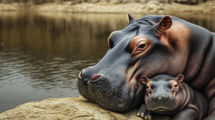 Closeup portrait of a baby hippo snuggling with its mother, baby animal, innocent family moment in nature, no blur, photo not dark, everything is clear, copy space