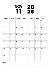 Printable Monthly Calendar Template for November 2025. Minimalist Style Calendar in Portrait Format. Week Starts on Sunday. Calendar Planner for 2025 year.