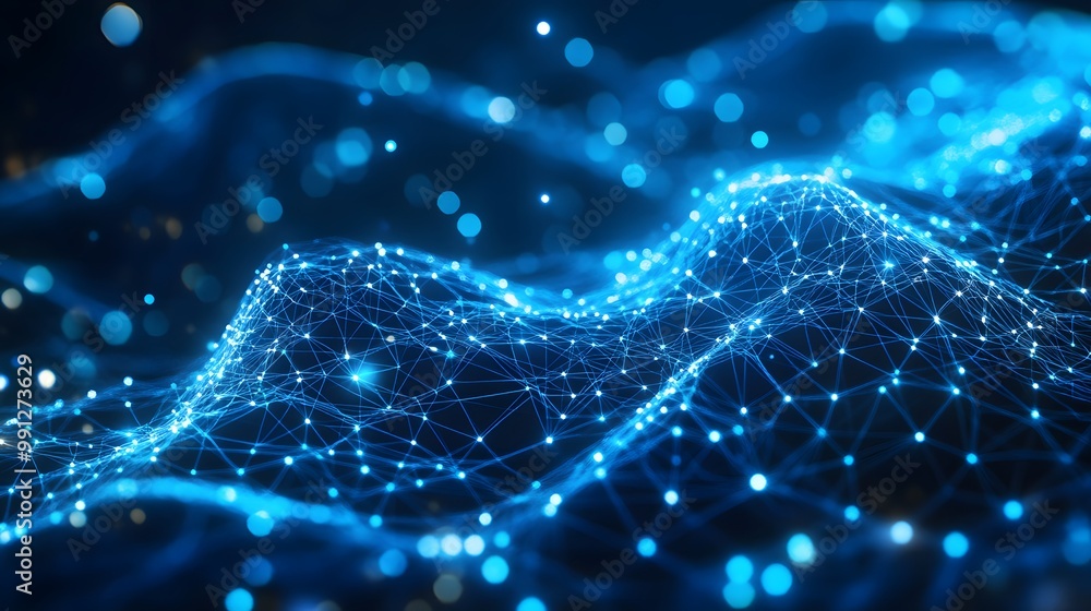 Poster abstract blue digital network with glowing nodes and connections, representing data flow, communicat