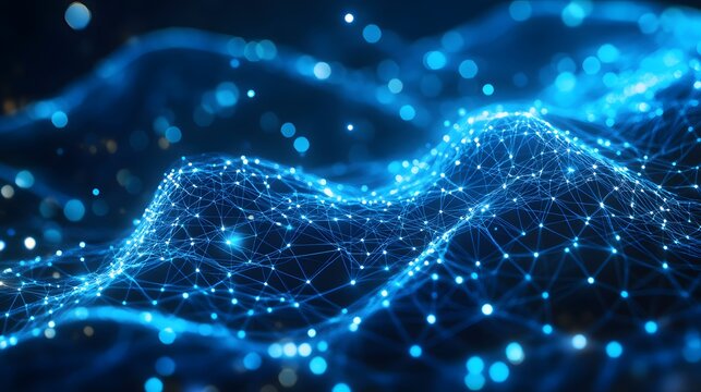 Abstract blue digital network with glowing nodes and connections, representing data flow, communication, and futuristic technology systems.