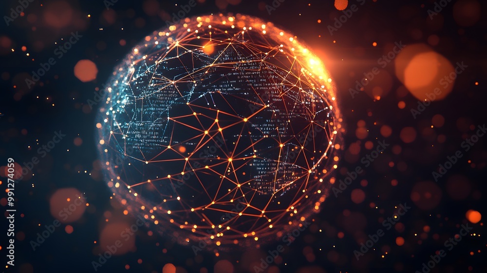 Poster a glowing globe connected by digital data lines, representing global networks, communication systems