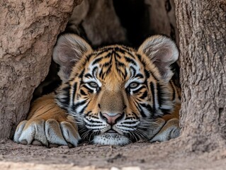Innocent wild tiger cub resting beneath a tree, wild, peaceful and delicate in the jungle, no blur, photo not dark, everything is clear, copy space
