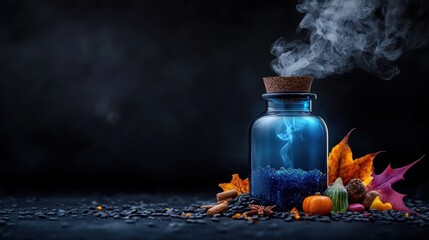 Blue potion in a jar surrounded by autumn leaves and spices, smoky effect.
