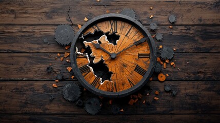 Broken clock with wooden face and scattered gears on wooden background.