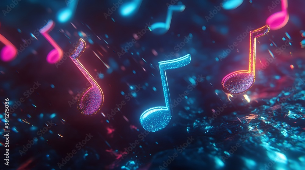 Poster vibrant neon music notes float in space, surrounded by abstract glowing particles, creating an artis