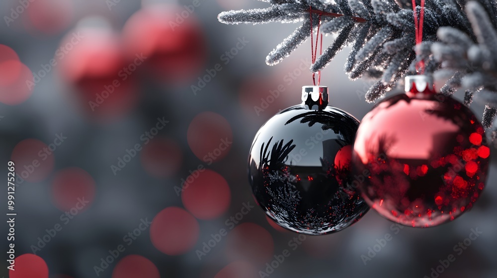 Poster close-up of shiny red and black christmas ornaments hanging on a frosted tree branch with blurred fe
