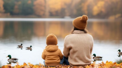 A mother and her baby sit together on a rustic dock, admiring ducks gliding across the calm lake water surrounded by lush greenery and a cloudy sky