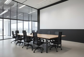 A modern, minimalist conference room with a long wooden table surrounded by black office chairs. The room has large windows providing natural light, and the walls are mostly white with some black.